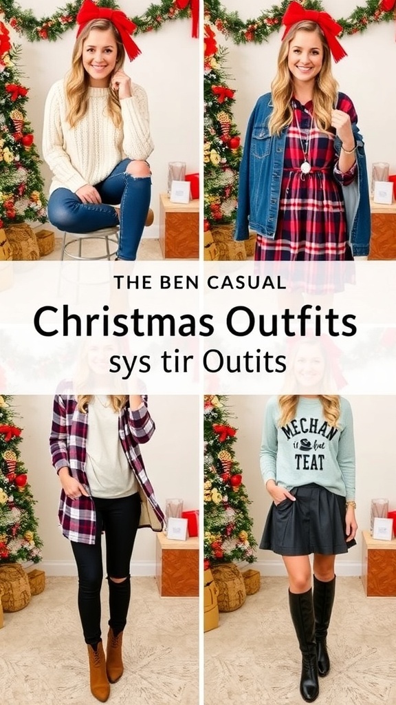 Collage of casual Christmas outfits including sweaters, dresses, and layered looks.